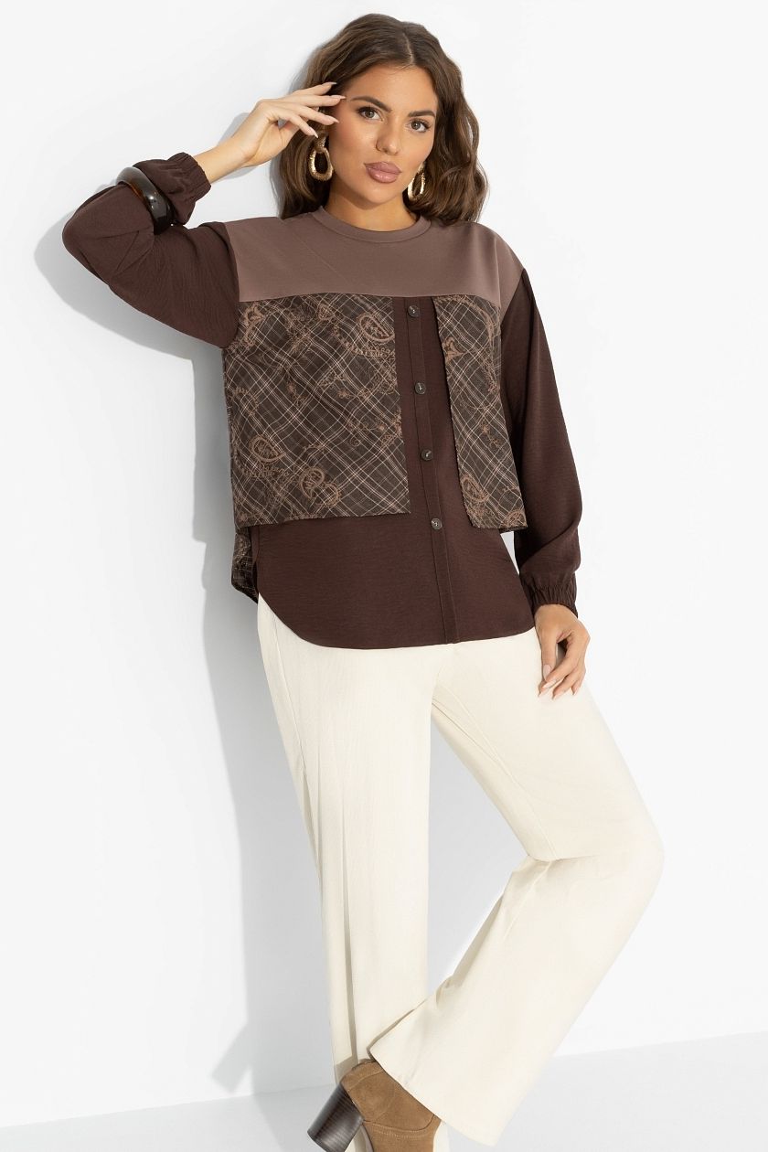 Свитшот комбинированный коричневый с имитацией рубашки Charutti(фото4)