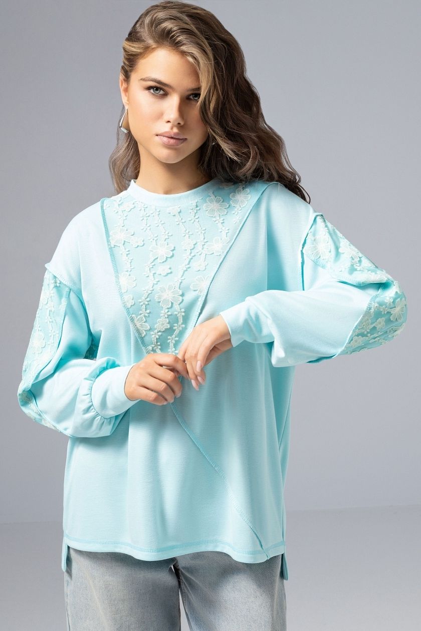 Свитшот комбинированный мятного цвета с кружевом Charutti(фото3)