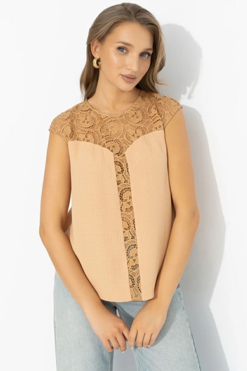 Топ бежевый комбинированный с кружевом Charutti(фото7)
