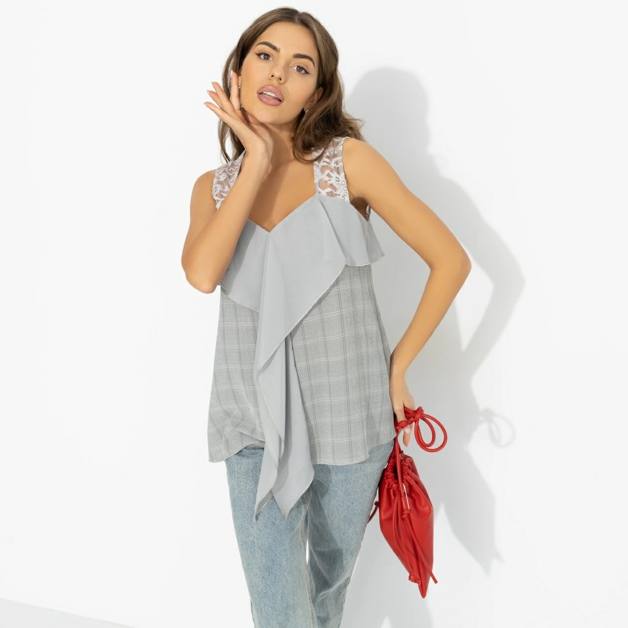 Топ на широких бретелях серый в клетку Charutti(фото3)