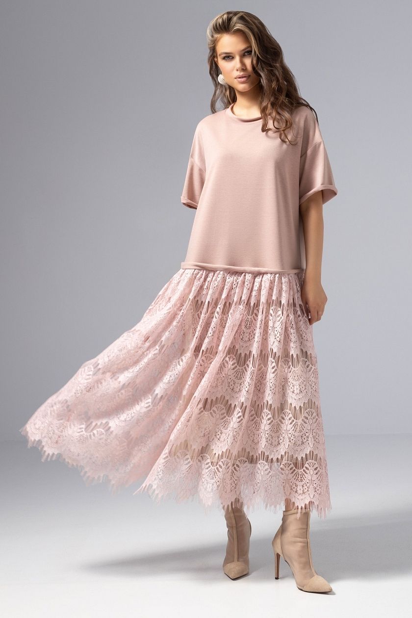 Платье комбинированное с кружевом розового цвета Charutti