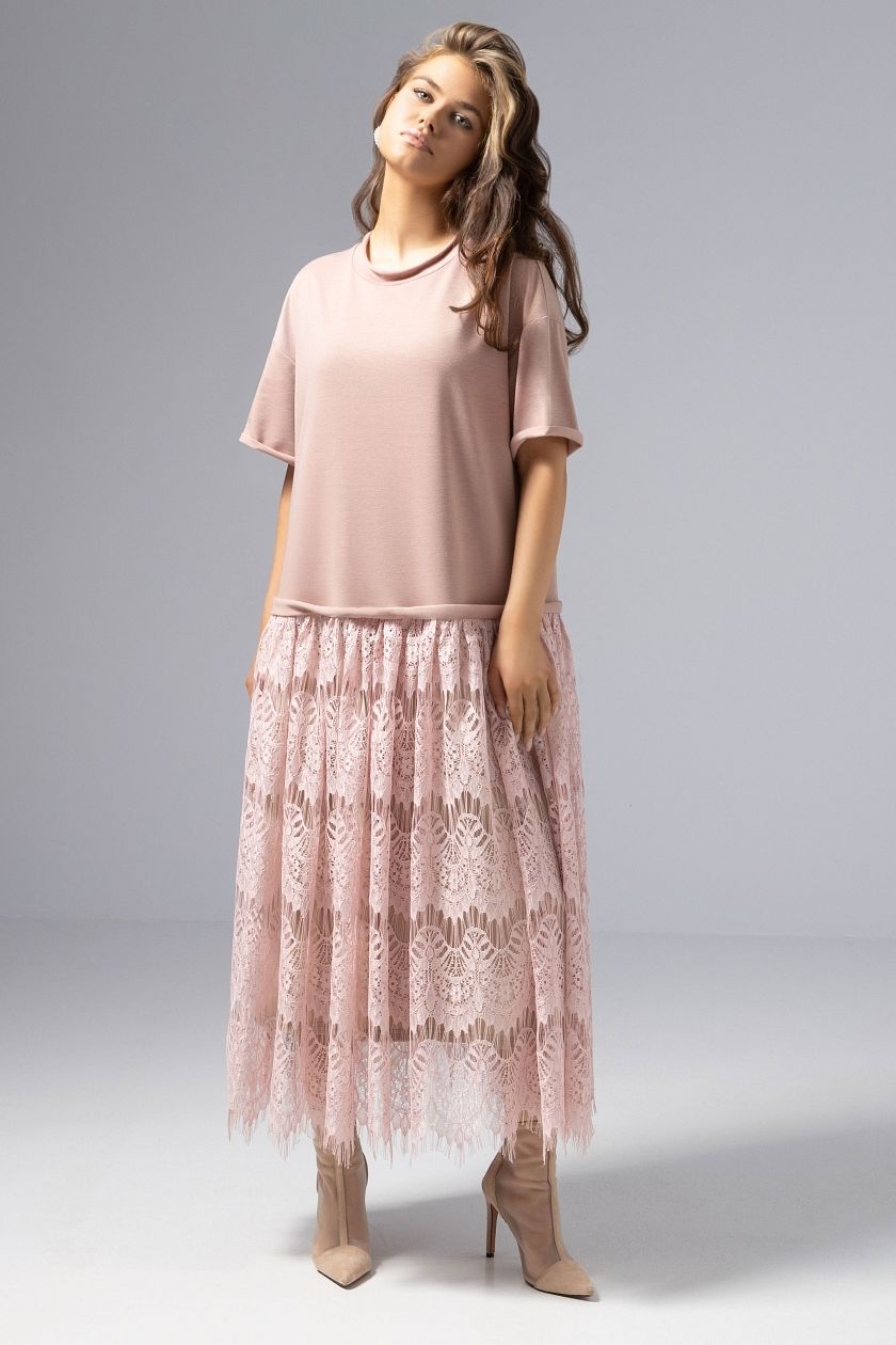 Платье комбинированное с кружевом розового цвета Charutti(фото2)