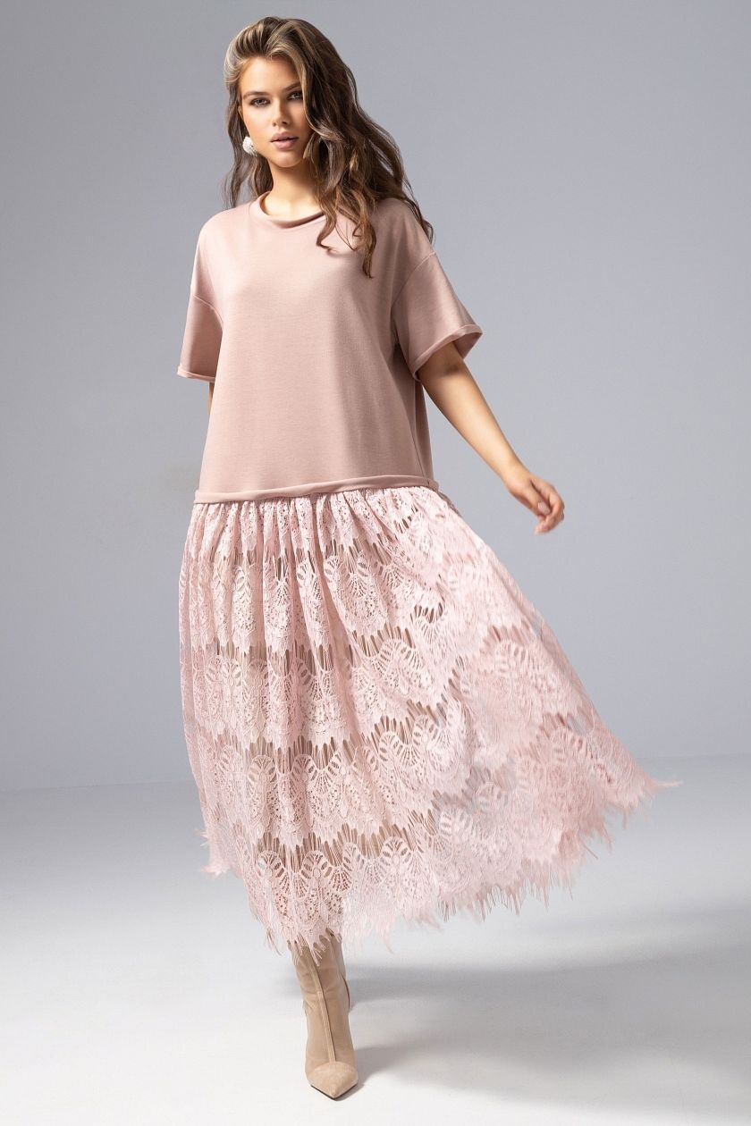 Платье комбинированное с кружевом розового цвета Charutti(фото3)