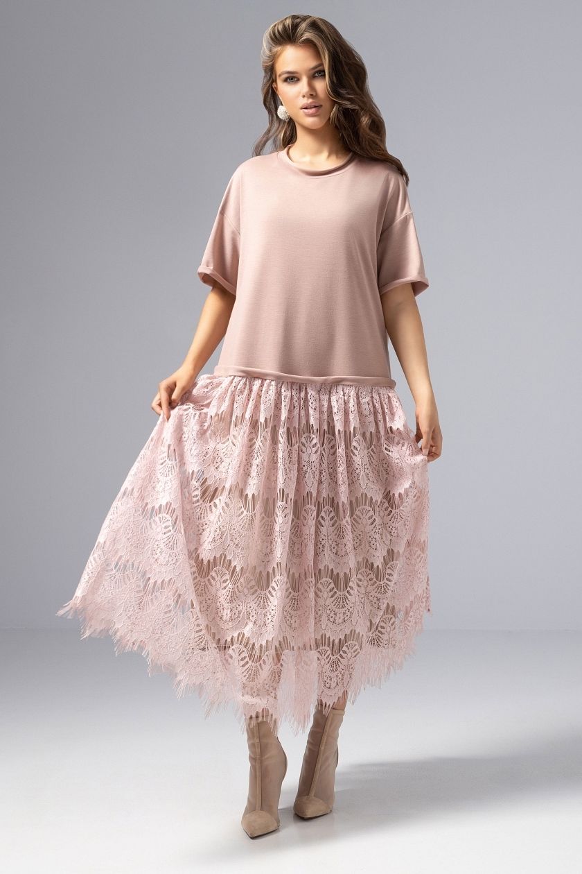 Платье комбинированное с кружевом розового цвета Charutti(фото6)