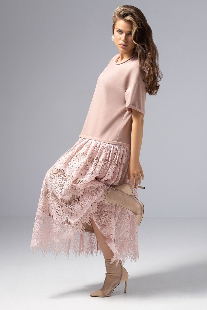 Платье комбинированное с кружевом розового цвета Charutti(фото7)