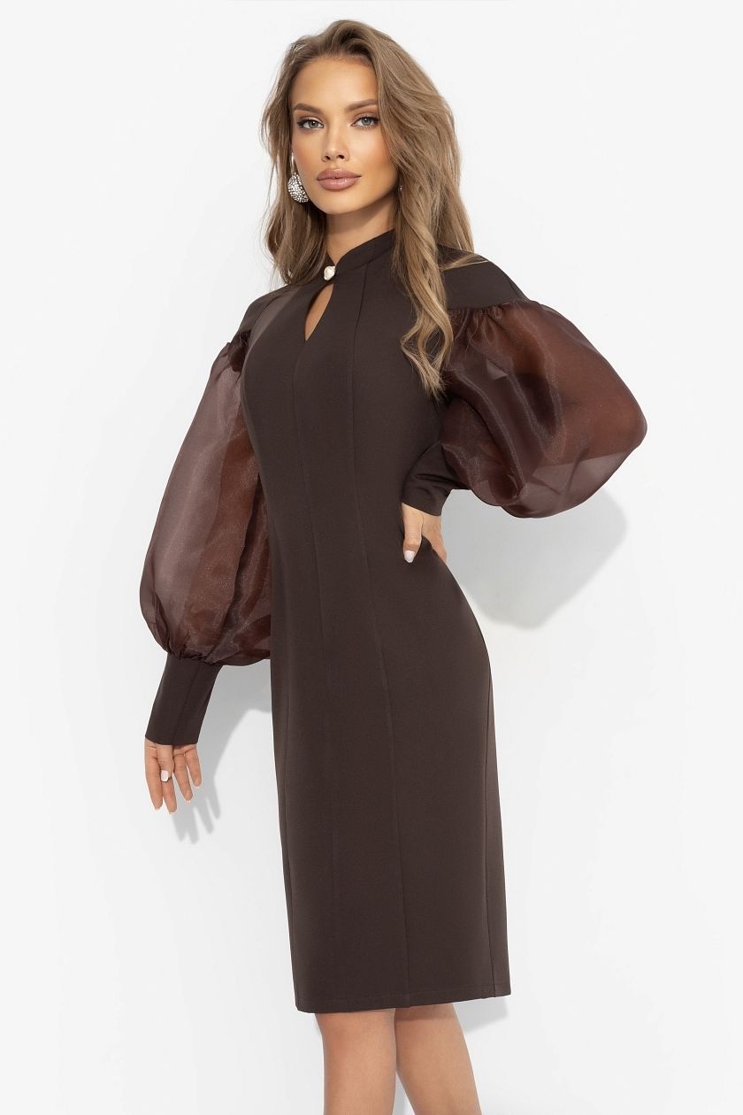 Платье-футляр коричневое с объёмными рукавами Charutti(фото5)