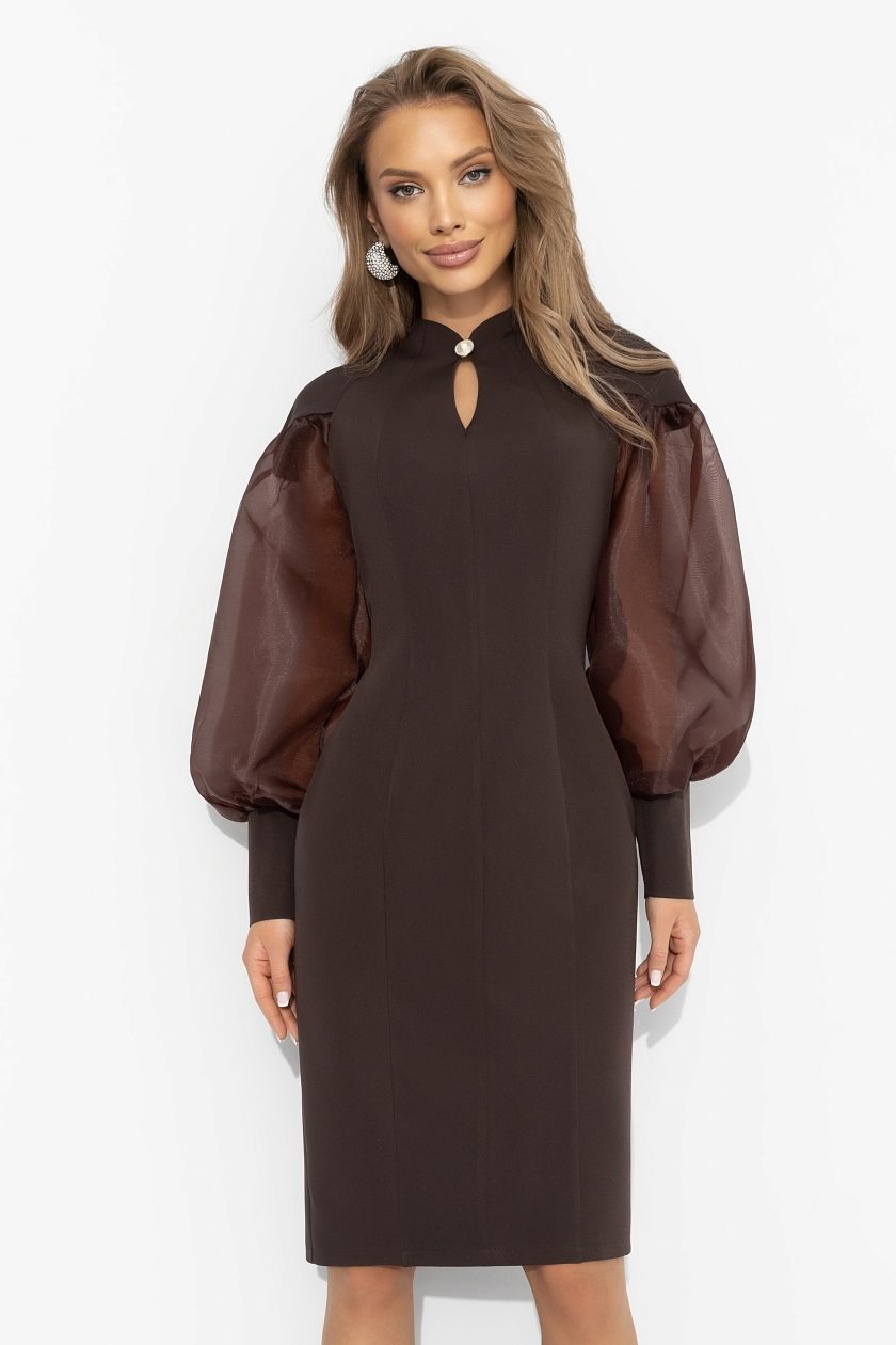 Платье-футляр коричневое с объёмными рукавами Charutti(фото6)