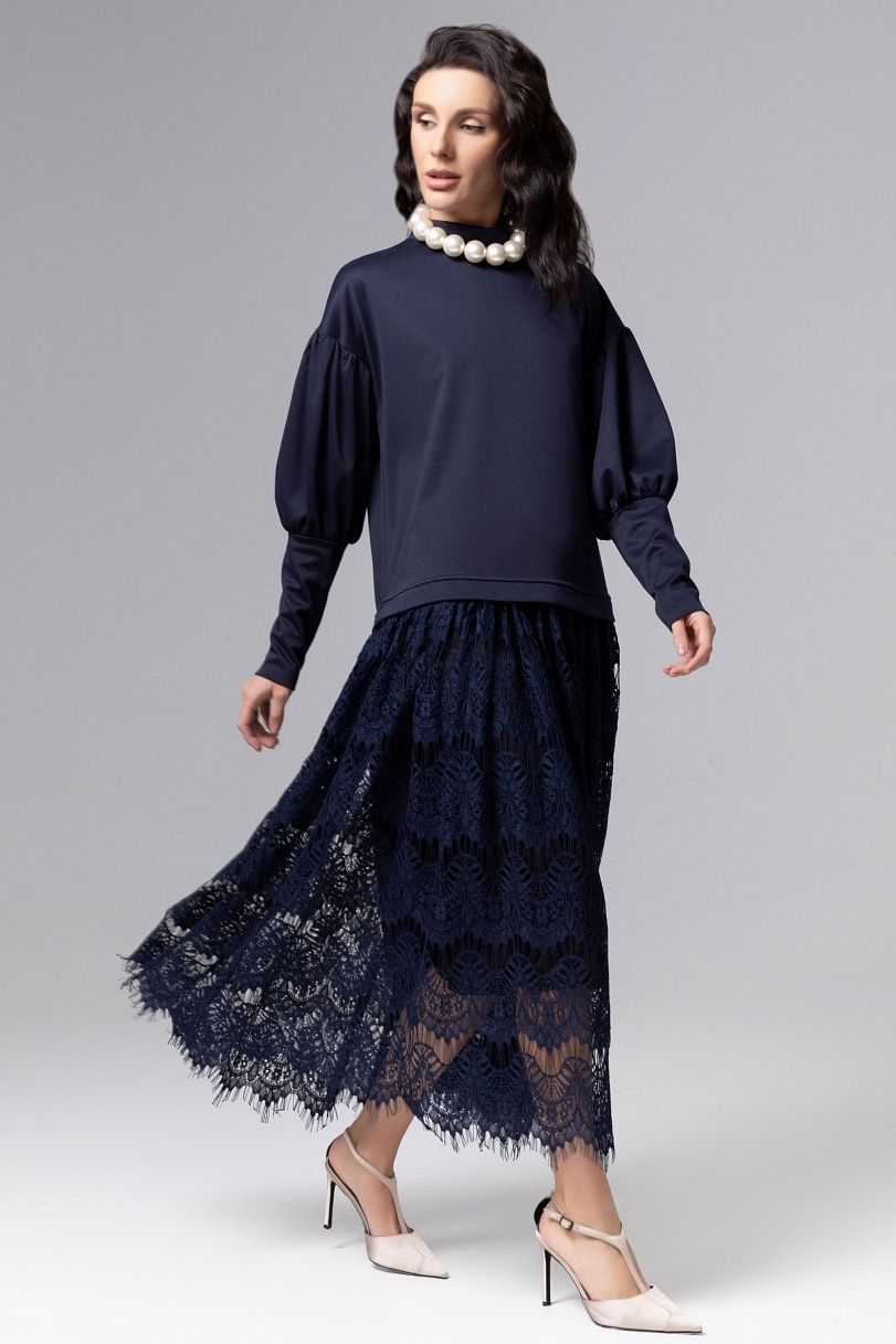 Платье комбинированное синее с кружевом Charutti(фото2)