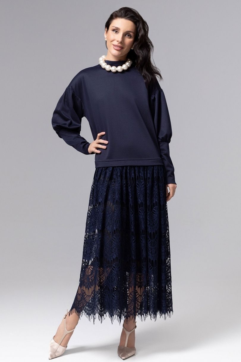 Платье комбинированное синее с кружевом Charutti