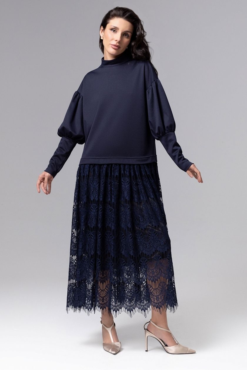 Платье комбинированное синее с кружевом Charutti(фото5)