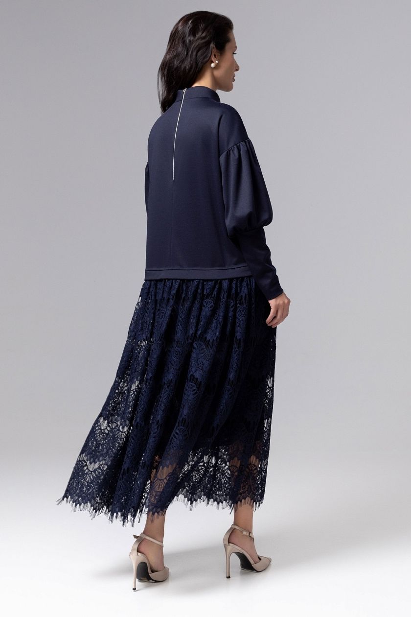 Платье комбинированное синее с кружевом Charutti(фото6)