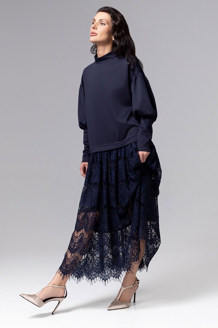 Платье комбинированное синее с кружевом Charutti(фото4)