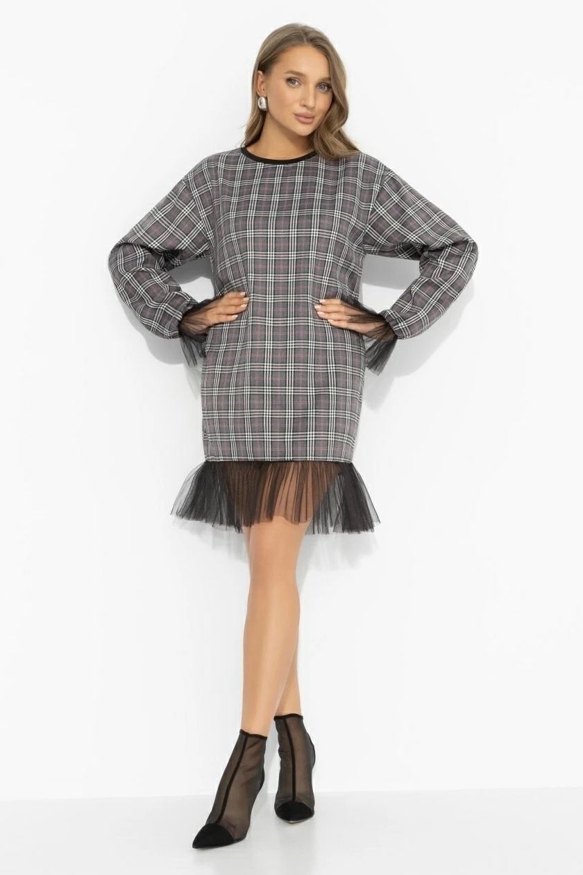 Платье серое в клетку с сеткой по низу Charutti(фото2)