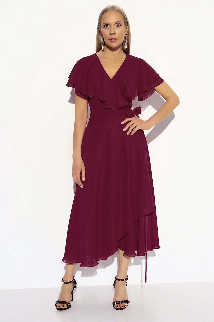 Платье в цвете фуксия с оборками и поясом Charutti