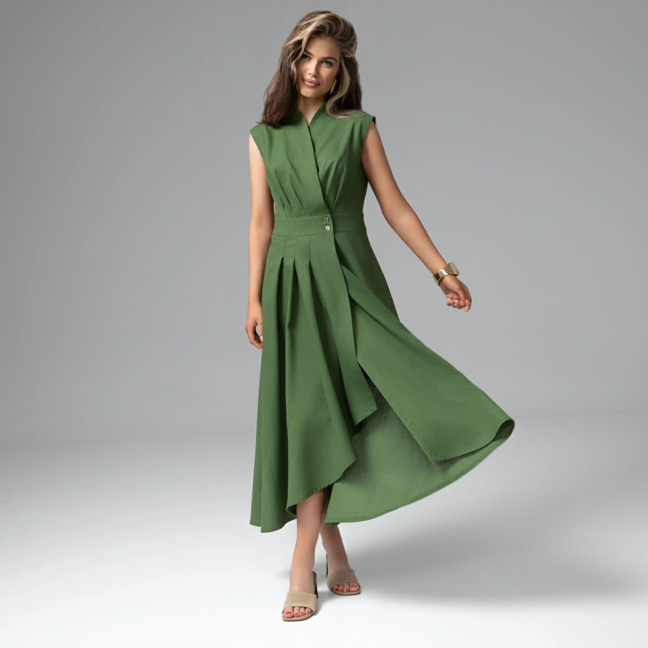 Платье длинное зелёное с драпировкой и карманами Charutti(фото2)