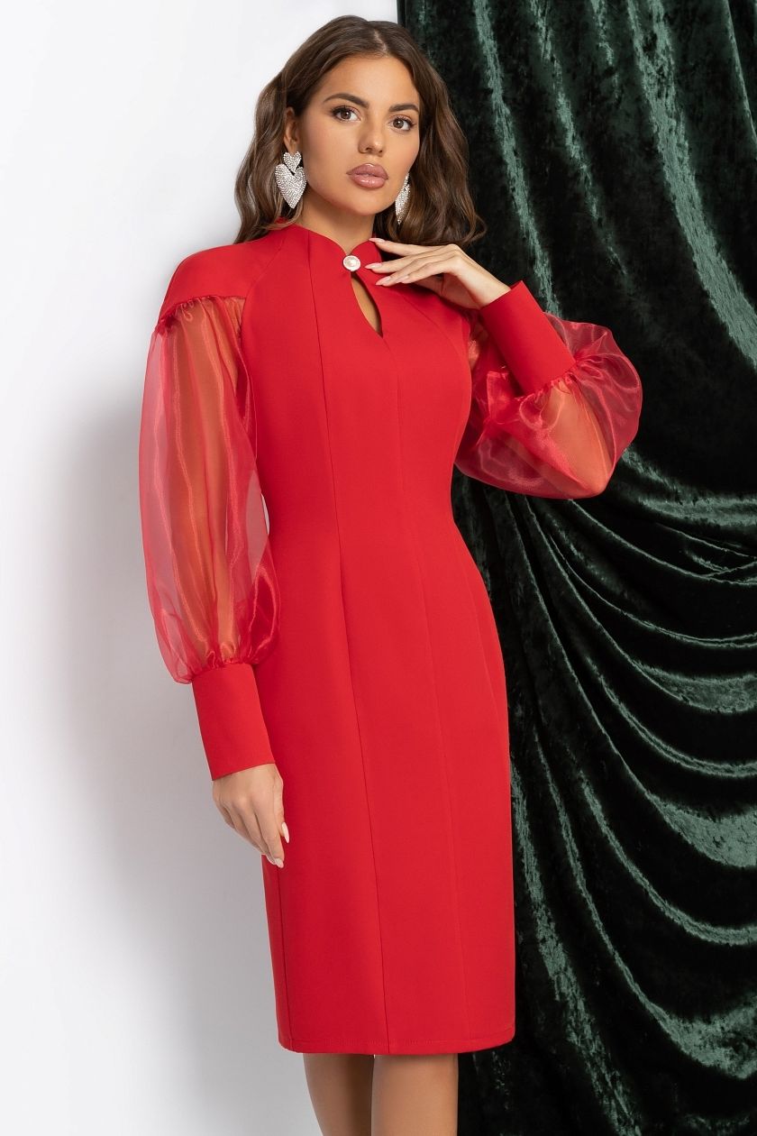 Платье-футляр красное с объёмными рукавами Charutti