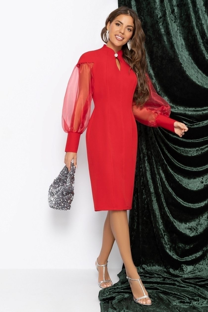 Платье-футляр красное с объёмными рукавами Charutti(фото2)