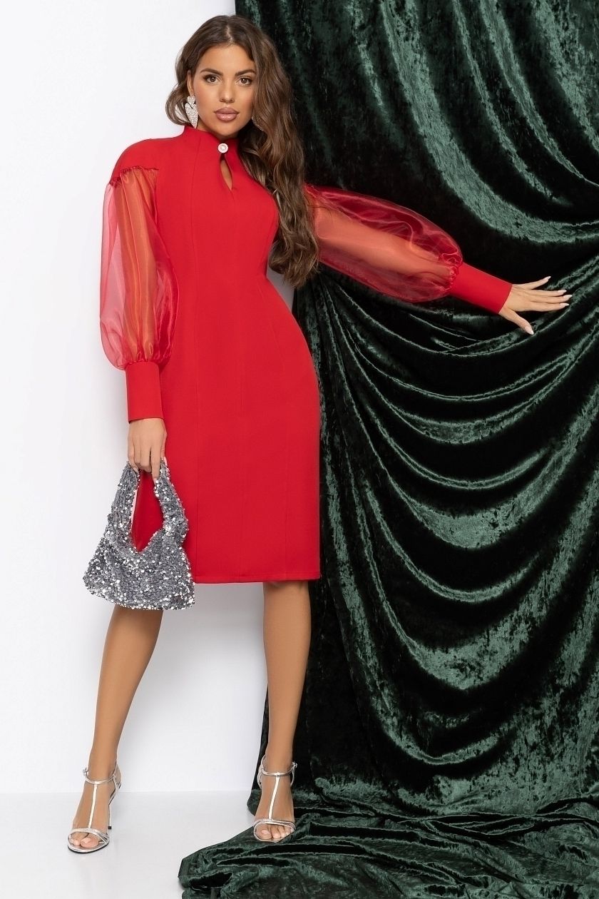 Платье-футляр красное с объёмными рукавами Charutti(фото6)