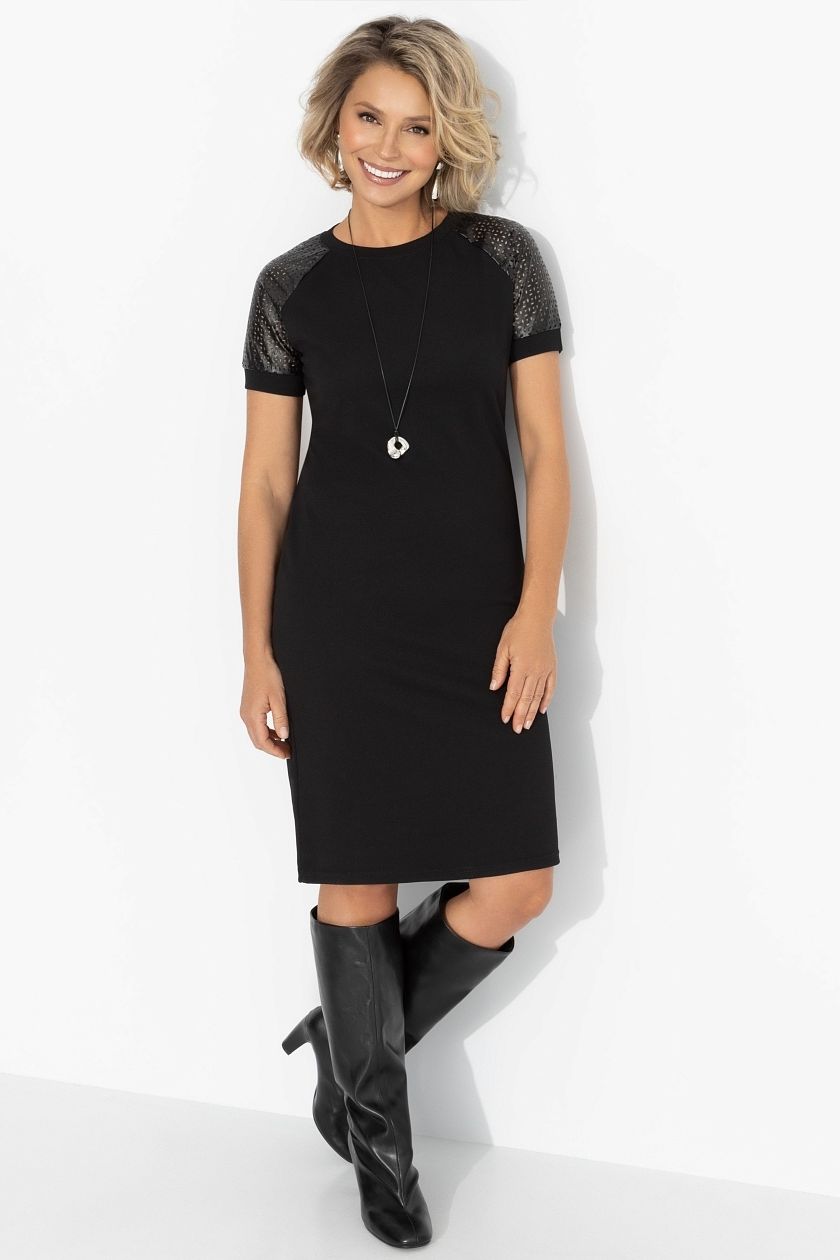 Платье чёрное с рукавами из экокожи Charutti(фото2)