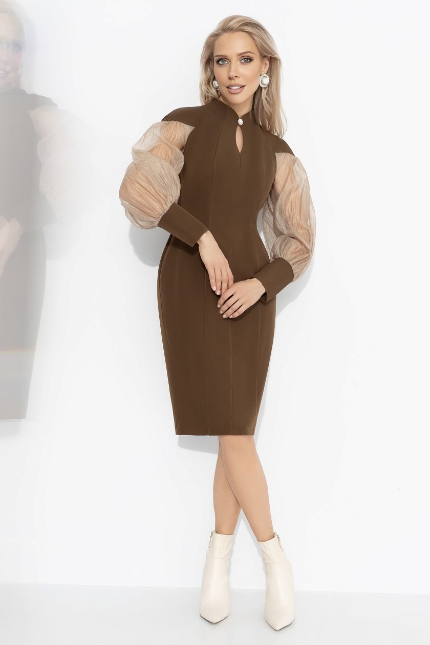 Платье-футляр коричневое с объёмными рукавами Charutti(фото2)