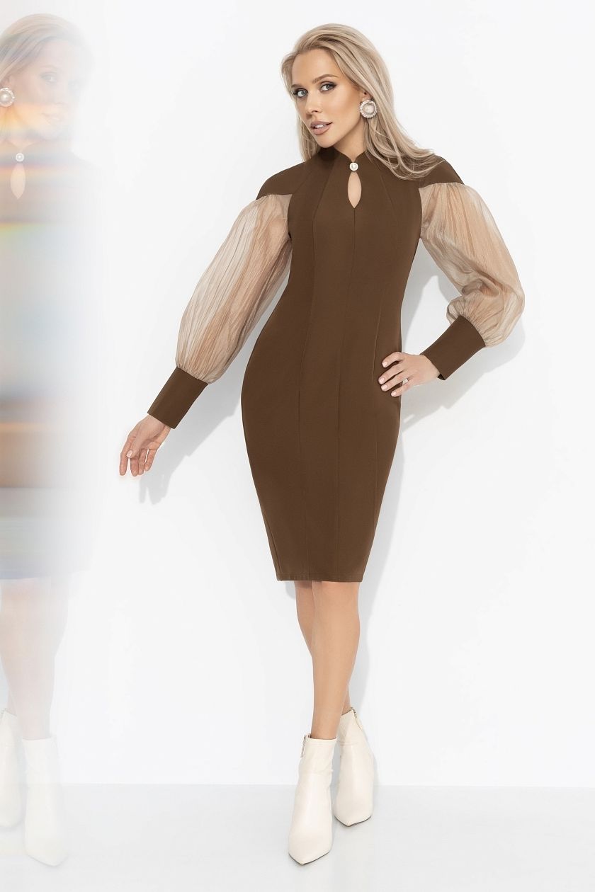 Платье-футляр коричневое с объёмными рукавами Charutti(фото5)