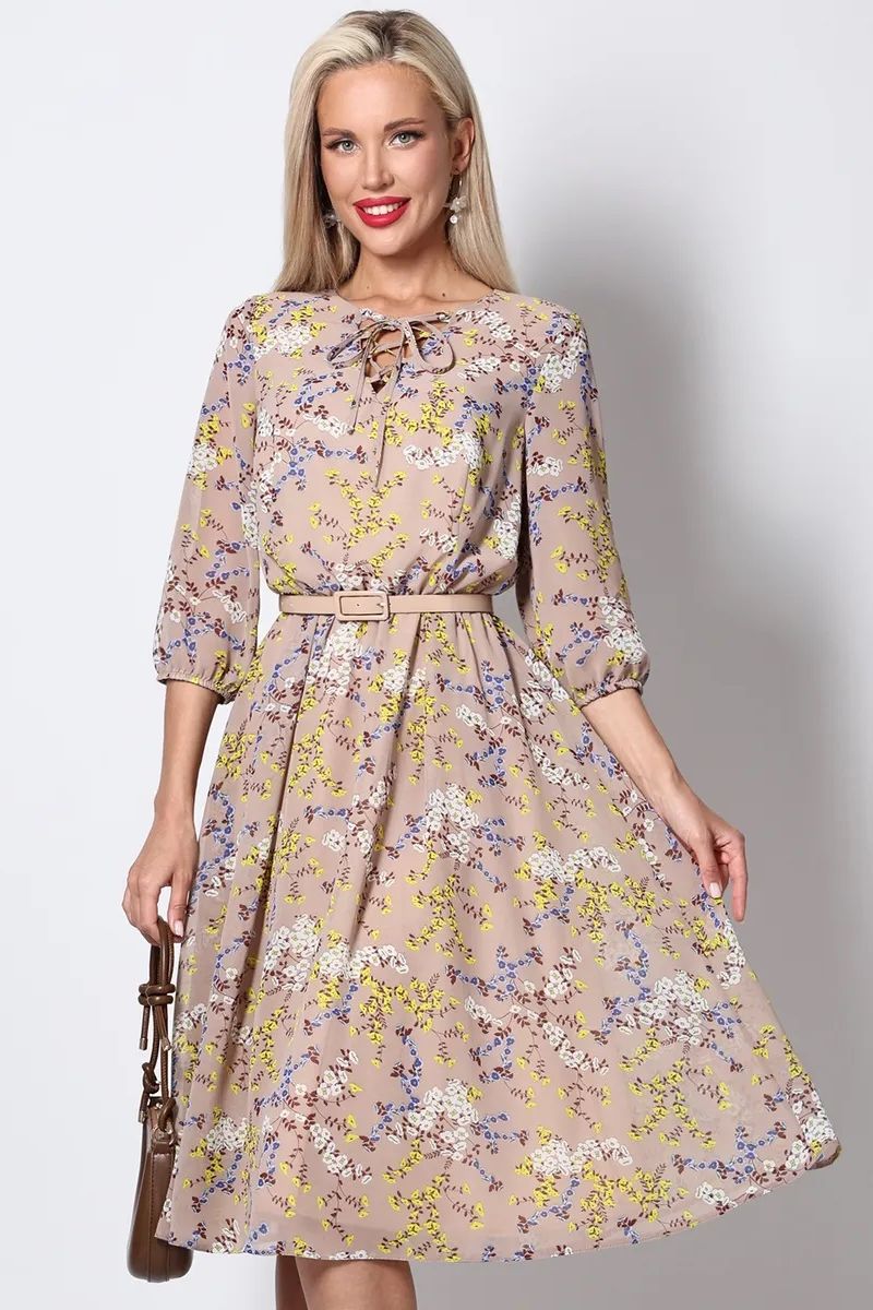 Платье миди шифоновое бежевое с принтом Девушка мечты, стильная SelenaSonata