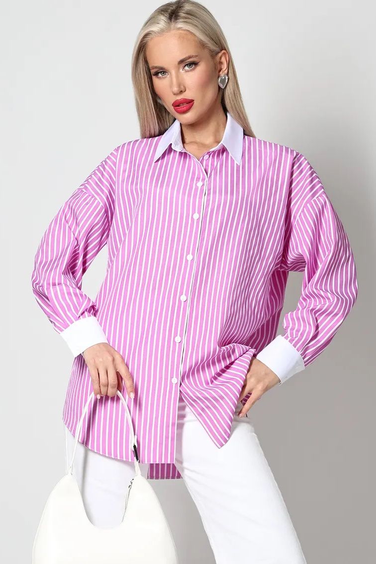 Рубашка розовая в полоску с длинными рукавами Юстина, фэшн SelenaSonata