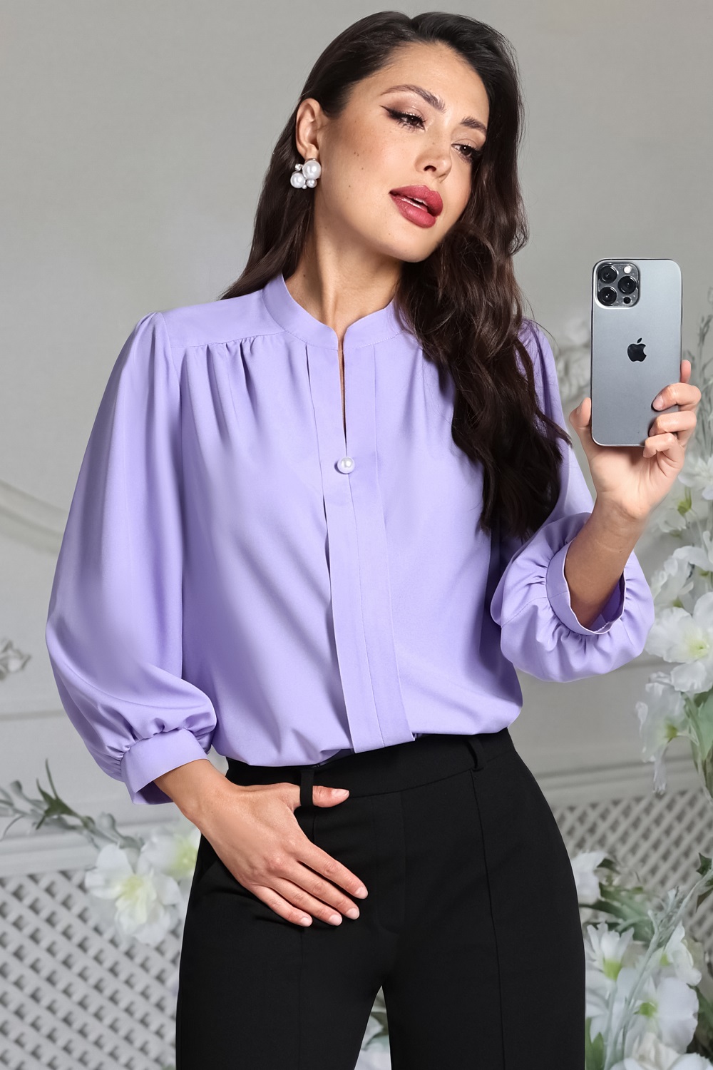 Красивая однотонная блузка Шарлиз, сирень SelenaSonata