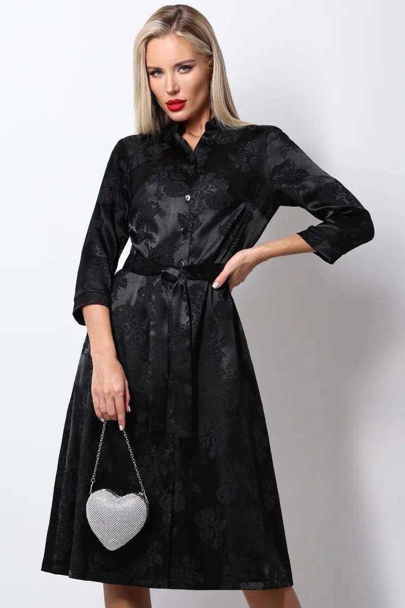 Чёрное атласное платье-рубашка Завораживающая красота, роуз SelenaSonata(фото2)