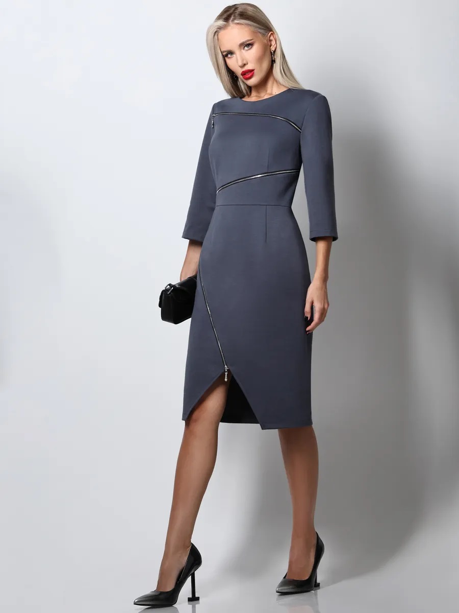 Платье трикотажное в сером цвете с молниями Конструктивный подход, грей SelenaSonata(фото6)