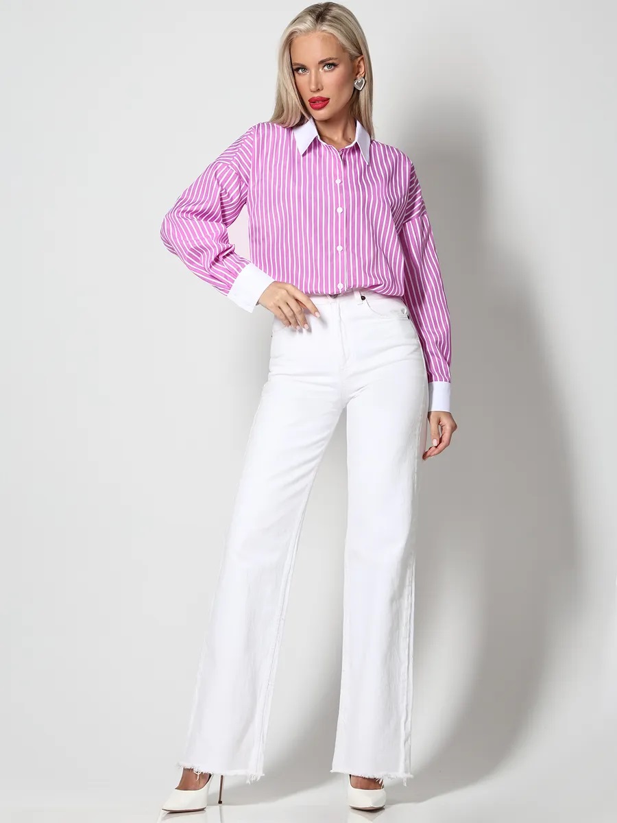 Рубашка розовая в полоску с длинными рукавами Юстина, фэшн SelenaSonata(фото2)