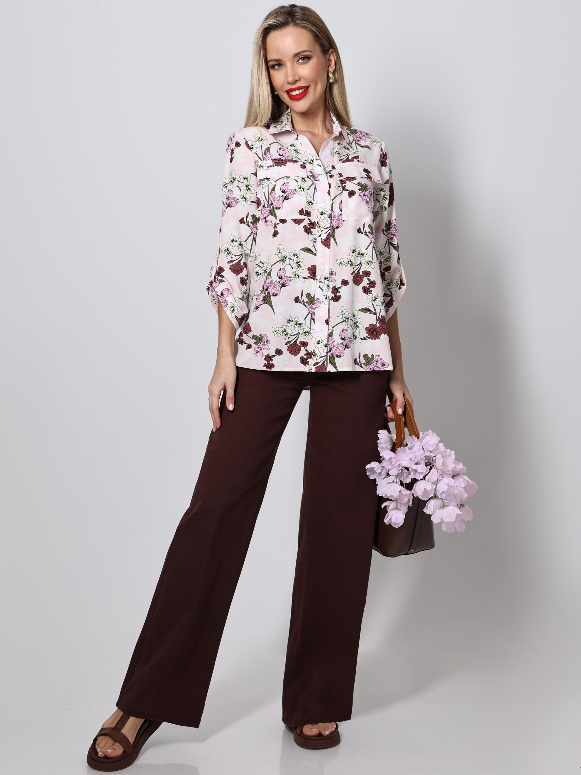 Блузка летняя на пуговицах с карманами и вискозы Верона, принт SelenaSonata(фото2)