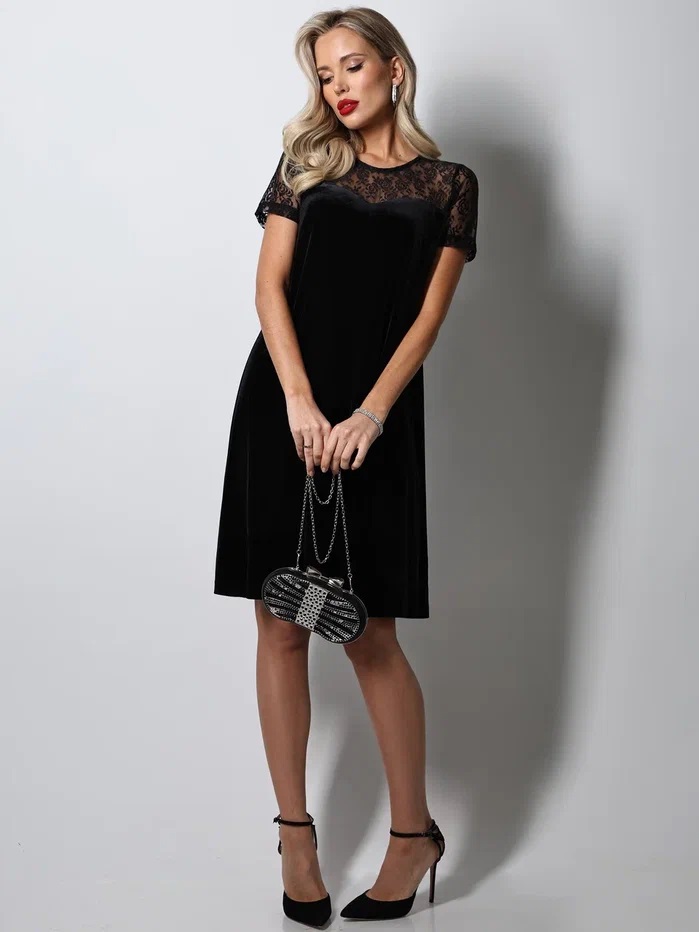 Платье чёрное бархатное коктейльное с коротким рукавом Сияющая красота, роуз SelenaSonata(фото2)