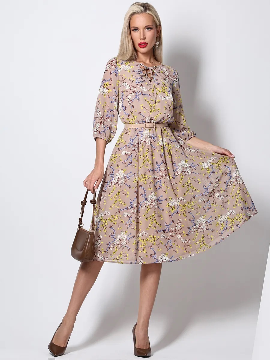 Платье миди шифоновое бежевое с принтом Девушка мечты, стильная SelenaSonata(фото2)