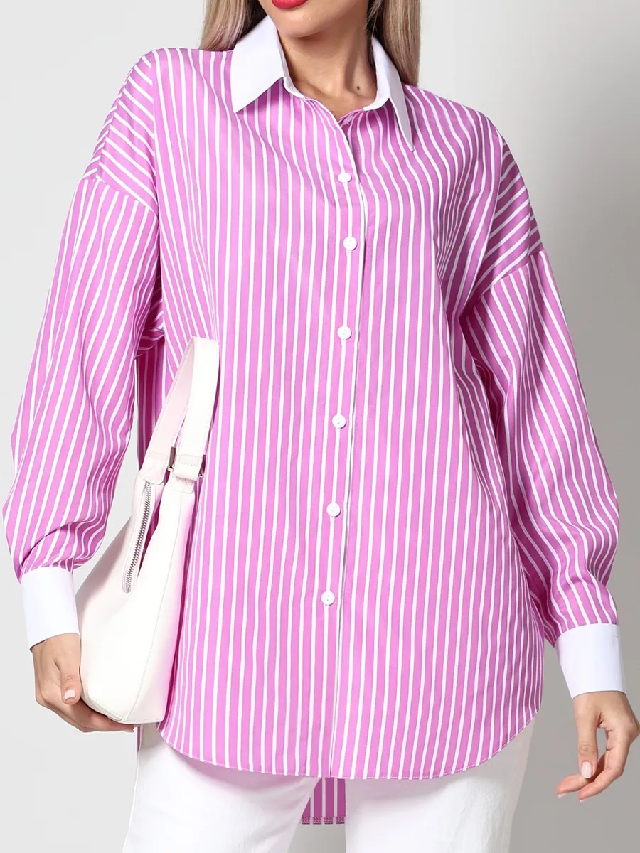 Рубашка розовая в полоску с длинными рукавами Юстина, фэшн SelenaSonata(фото3)