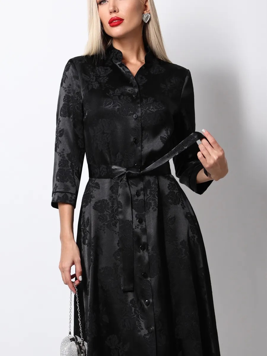 Чёрное атласное платье-рубашка Завораживающая красота, роуз SelenaSonata(фото6)