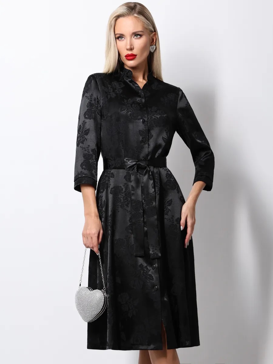 Чёрное атласное платье-рубашка Завораживающая красота, роуз SelenaSonata(фото8)
