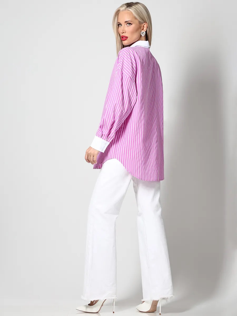 Рубашка розовая в полоску с длинными рукавами Юстина, фэшн SelenaSonata(фото4)