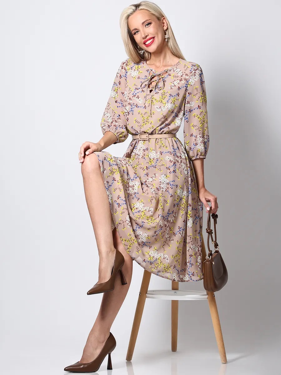 Платье миди шифоновое бежевое с принтом Девушка мечты, стильная SelenaSonata(фото4)