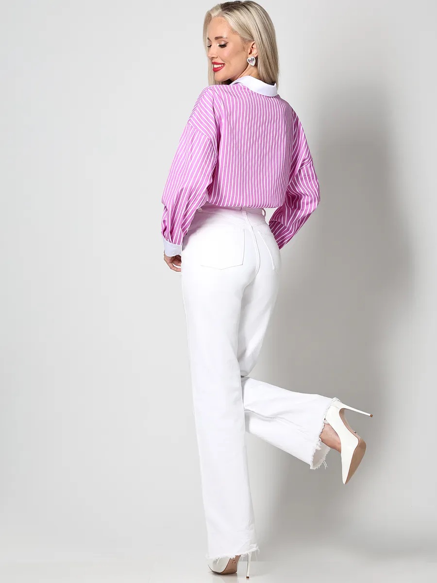Рубашка розовая в полоску с длинными рукавами Юстина, фэшн SelenaSonata(фото5)