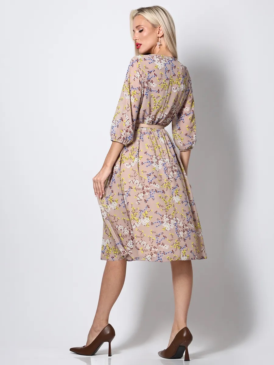 Платье миди шифоновое бежевое с принтом Девушка мечты, стильная SelenaSonata(фото5)