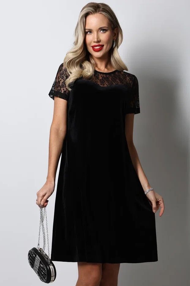 Платье чёрное бархатное коктейльное с коротким рукавом Сияющая красота, роуз SelenaSonata(фото7)