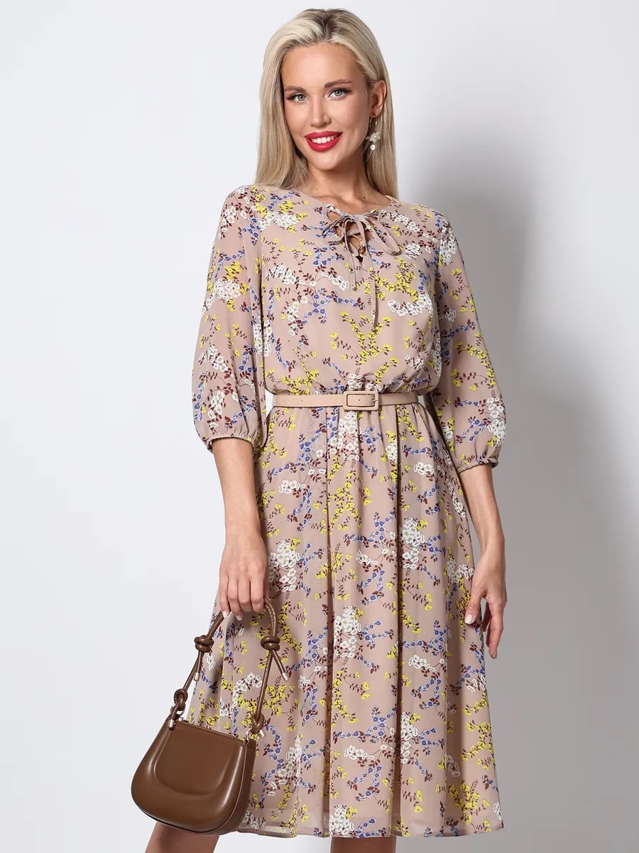 Платье миди шифоновое бежевое с принтом Девушка мечты, стильная SelenaSonata(фото6)