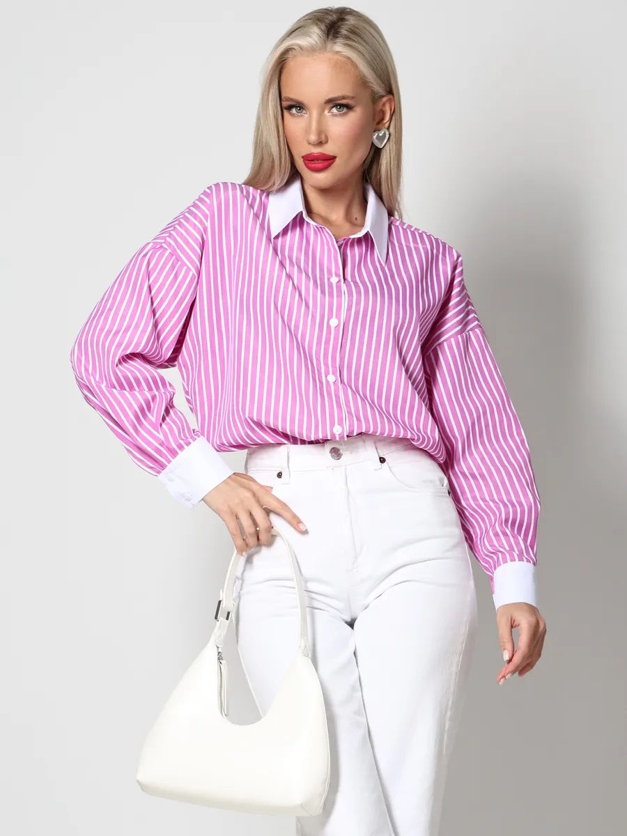 Рубашка розовая в полоску с длинными рукавами Юстина, фэшн SelenaSonata(фото6)