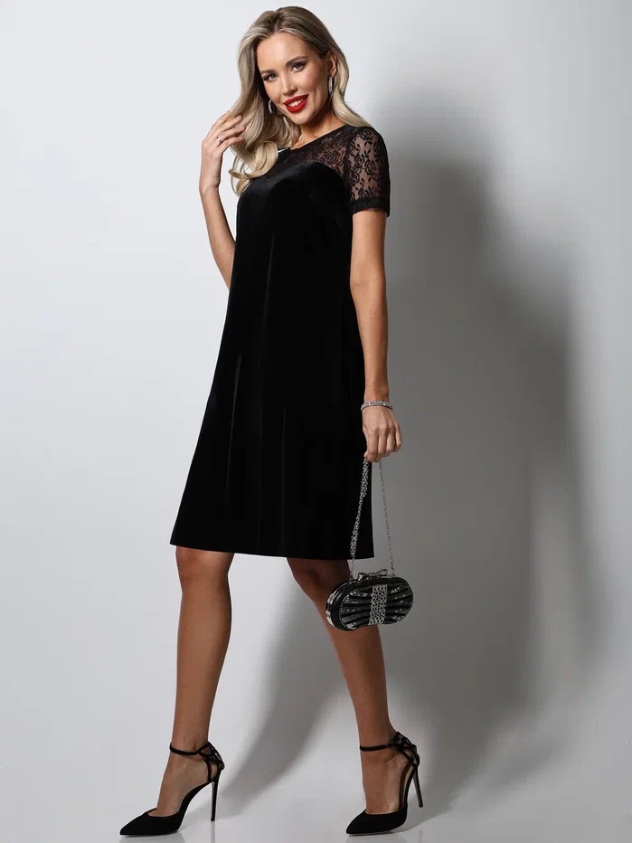 Платье чёрное бархатное коктейльное с коротким рукавом Сияющая красота, роуз SelenaSonata(фото8)