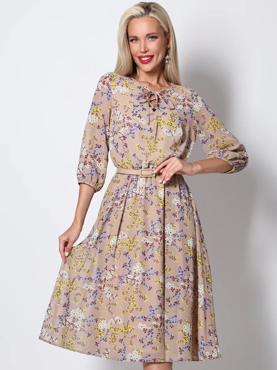 Платье миди шифоновое бежевое с принтом Девушка мечты, стильная SelenaSonata(фото7)