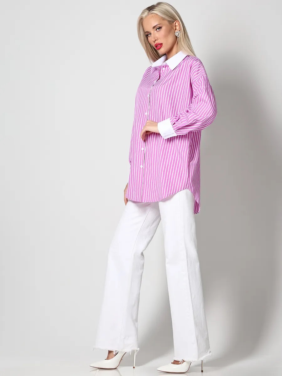 Рубашка розовая в полоску с длинными рукавами Юстина, фэшн SelenaSonata(фото7)