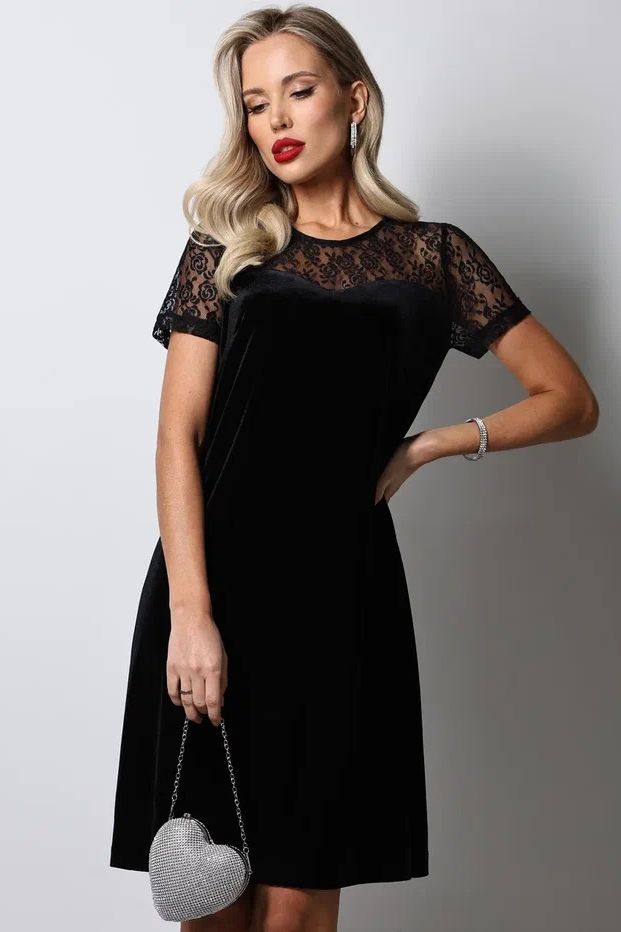 Платье чёрное бархатное коктейльное с коротким рукавом Сияющая красота, роуз SelenaSonata(фото4)