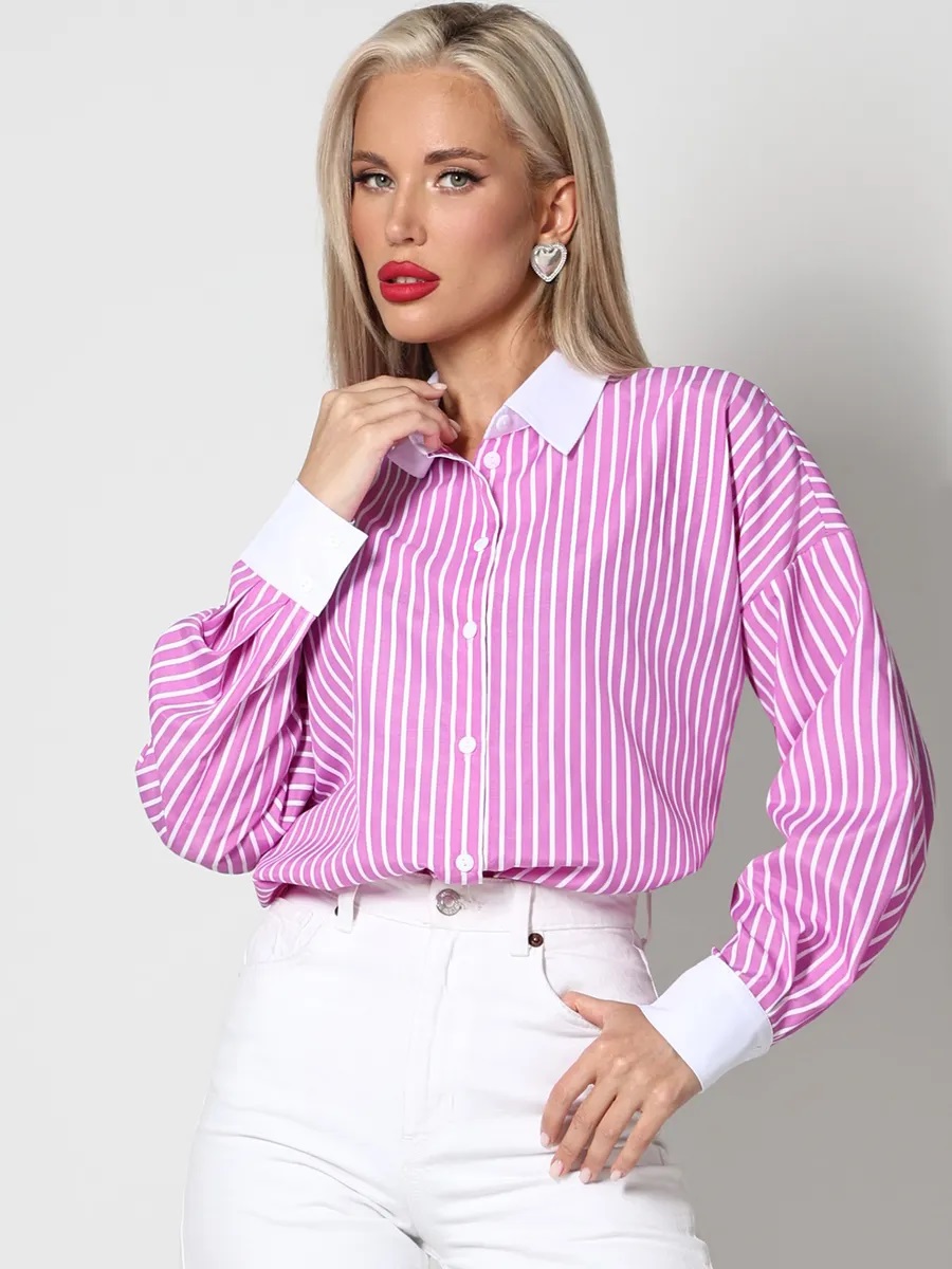 Рубашка розовая в полоску с длинными рукавами Юстина, фэшн SelenaSonata(фото8)