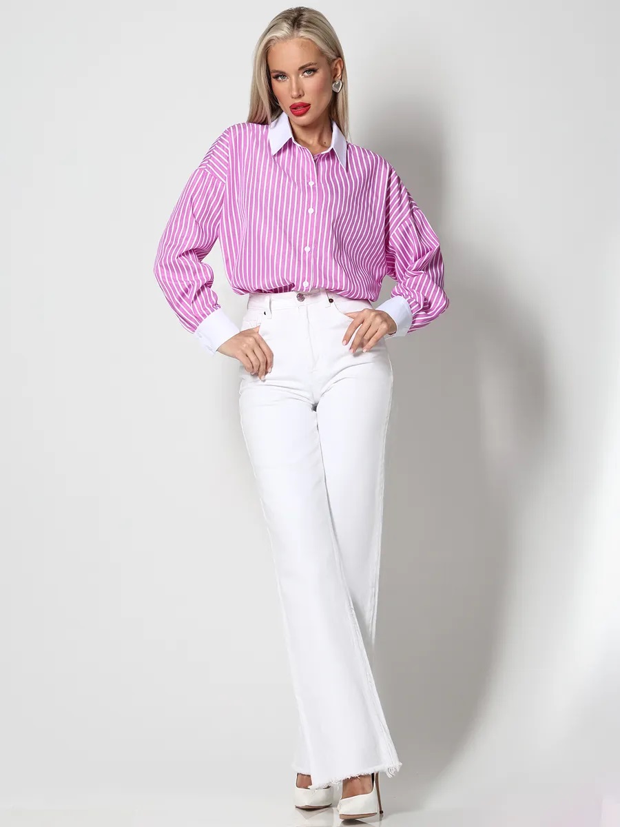 Рубашка розовая в полоску с длинными рукавами Юстина, фэшн SelenaSonata(фото9)